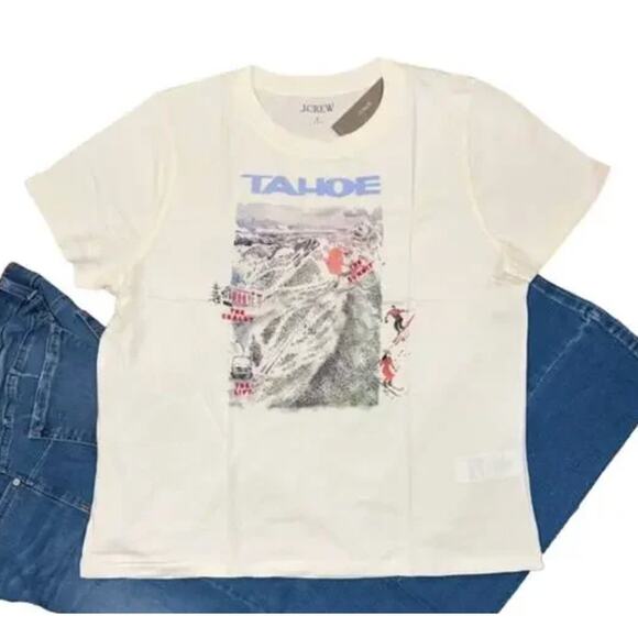NWT J. Crew Ivory W/Tahoe Ski Resort Graphic Broken-in Jersey T-Shirt - Picture 2 of 9